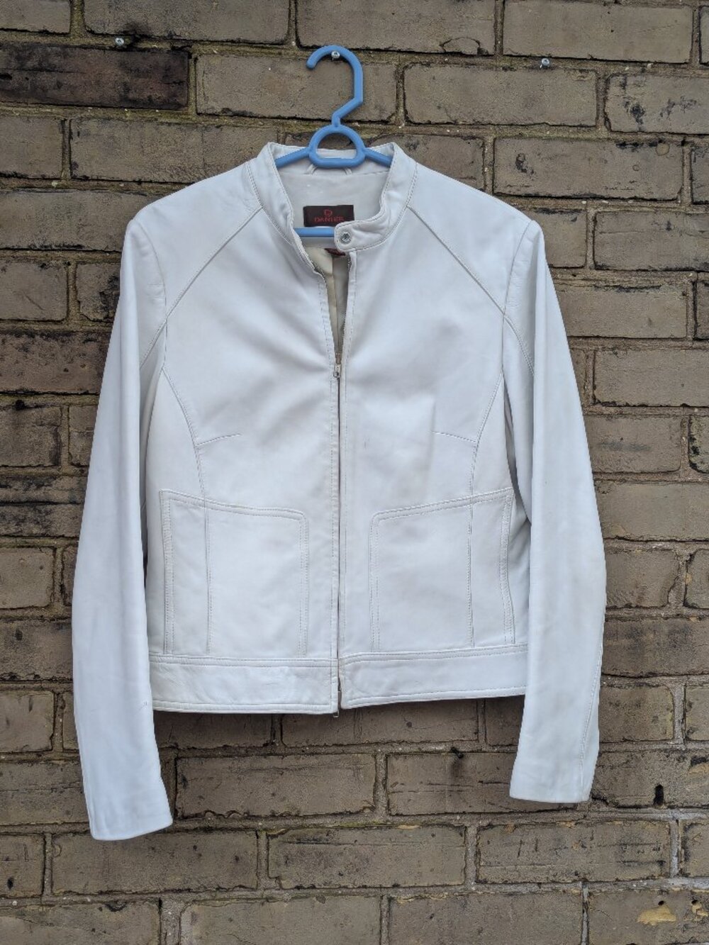 Danier Vtg Soft 100% Leather Moto Biker Jacket Full Zip White Grunge Size M